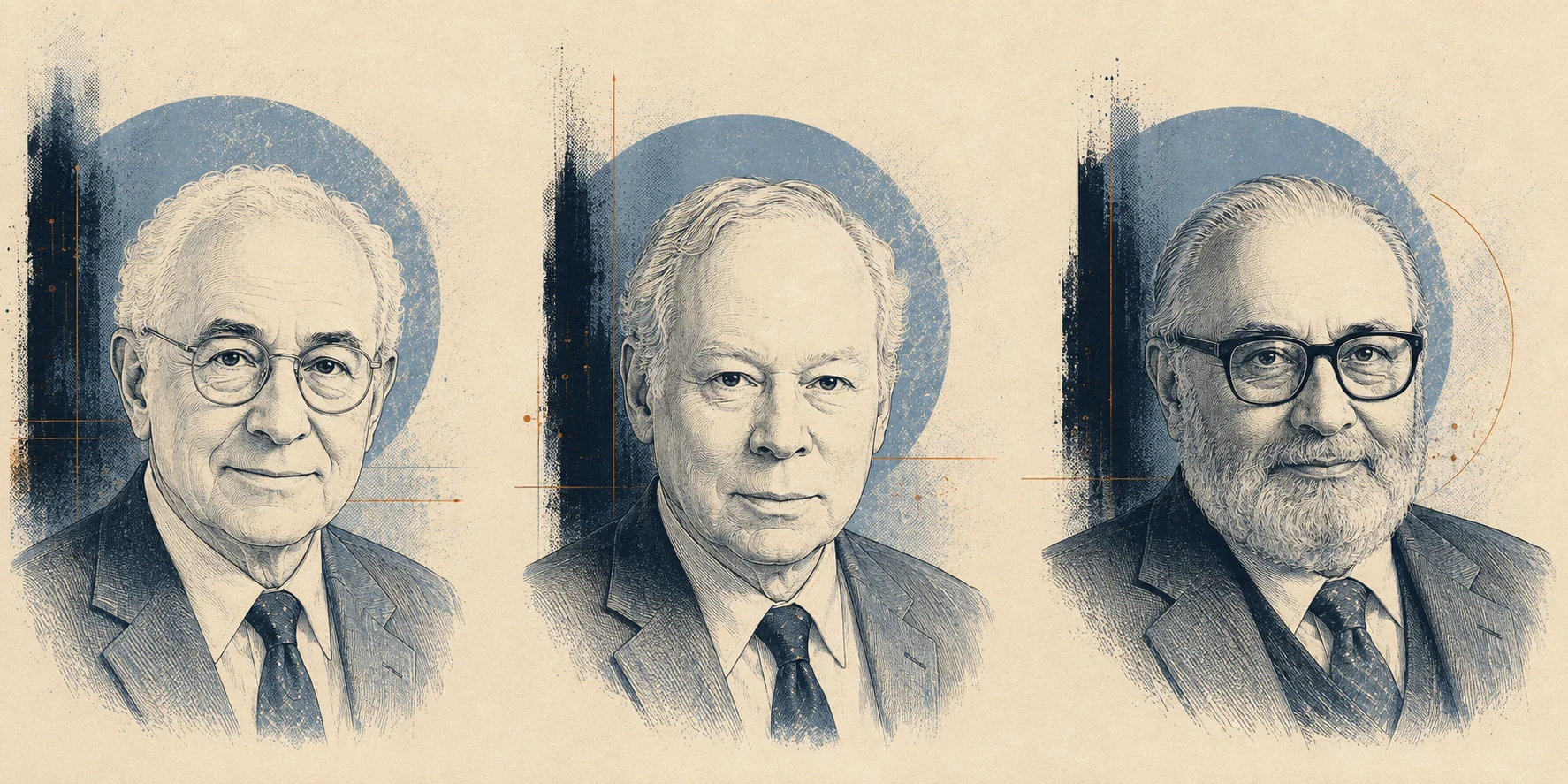 Illustrated later-life portraits of Glashow, Weinberg and Salam