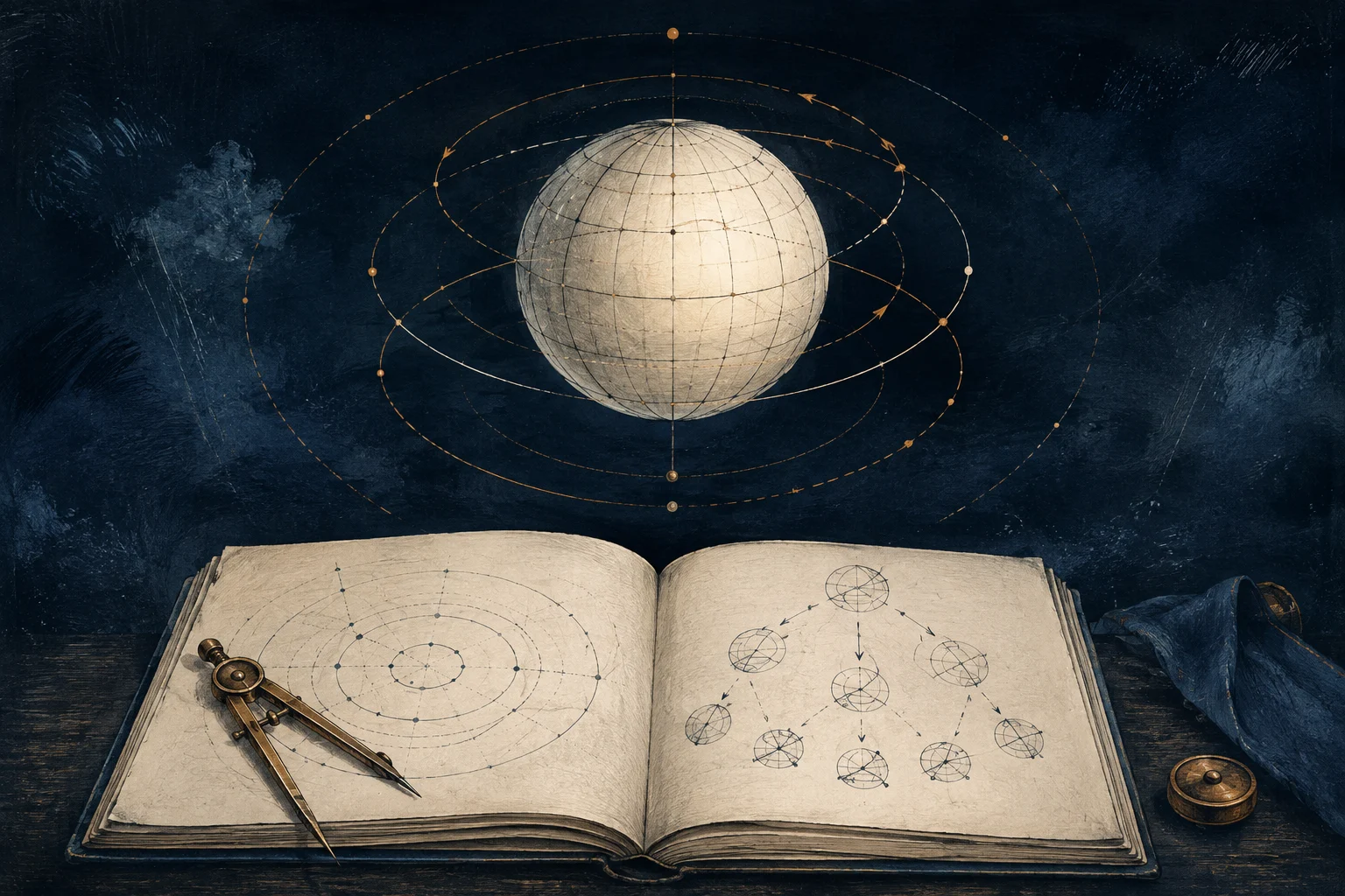 Illustrated sphere, rotation paths and an open mathematics notebook