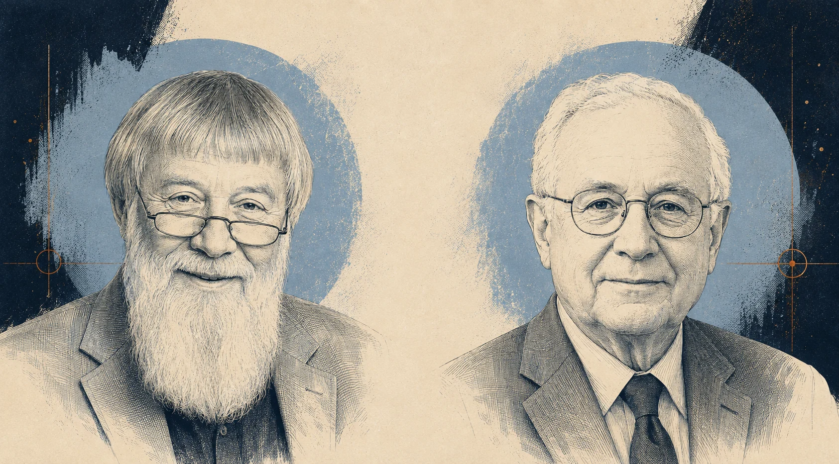 Illustrated later-life portraits of Howard Georgi and Sheldon Glashow