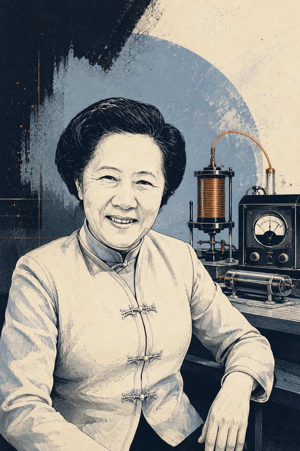 Stylised engraved illustration of Chien-Shiung Wu beside laboratory instruments